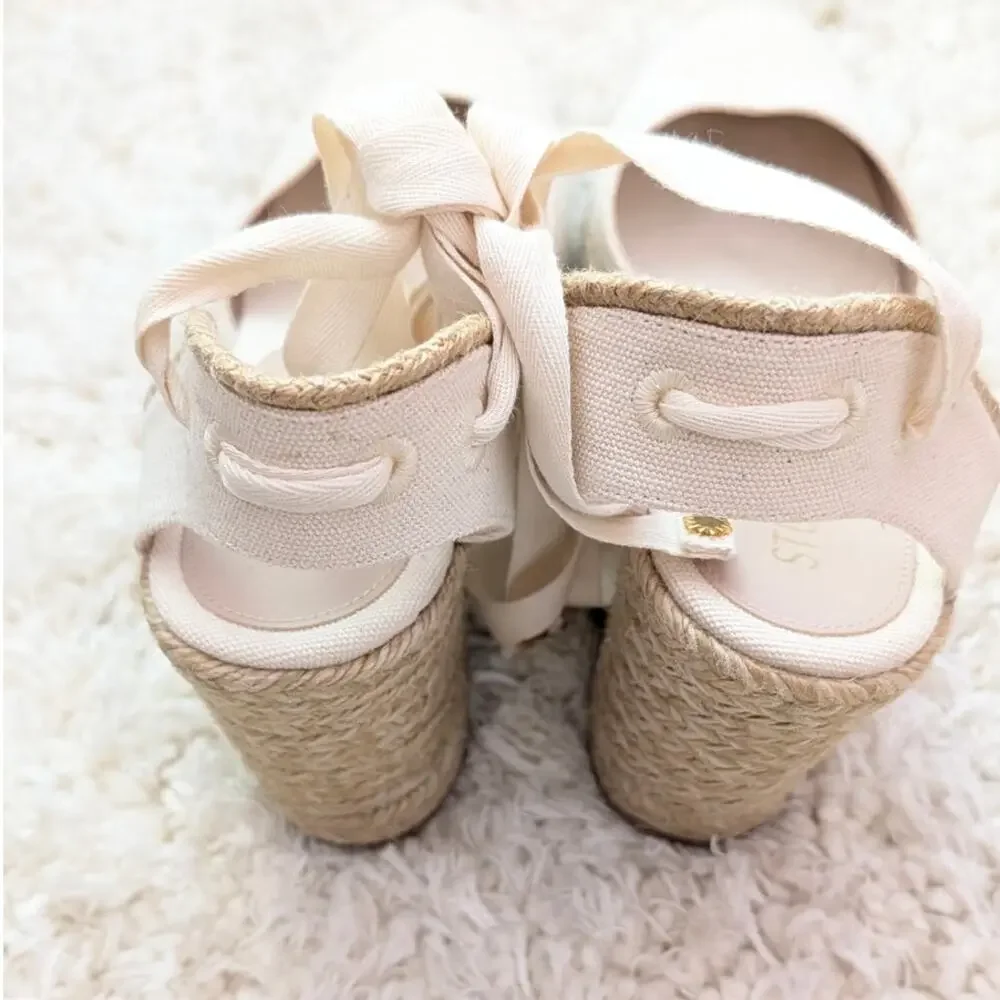 Stuart Weitzman Marguerita Wedge Espadrille Sandals Womens 11.5 White Woven - Picture 6 of 9